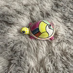 Painted turtle trinket box purple lines on hands with pink dots and yellow dots